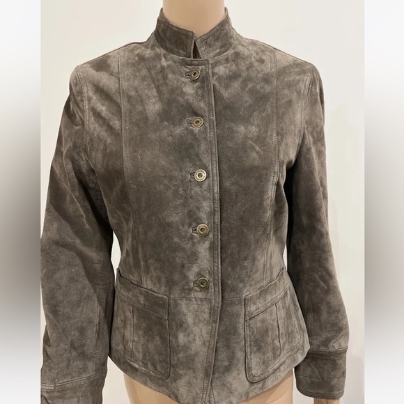 Liz Claiborne Retro 100% Suede Leather Green Grey Button Front Jacket Women’s XL - Picture 3 of 9